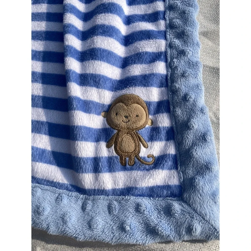 Lot Of 2 Carter's Baby Blankets Monkey Teddy Bear Stripes Brown Blue Fleece